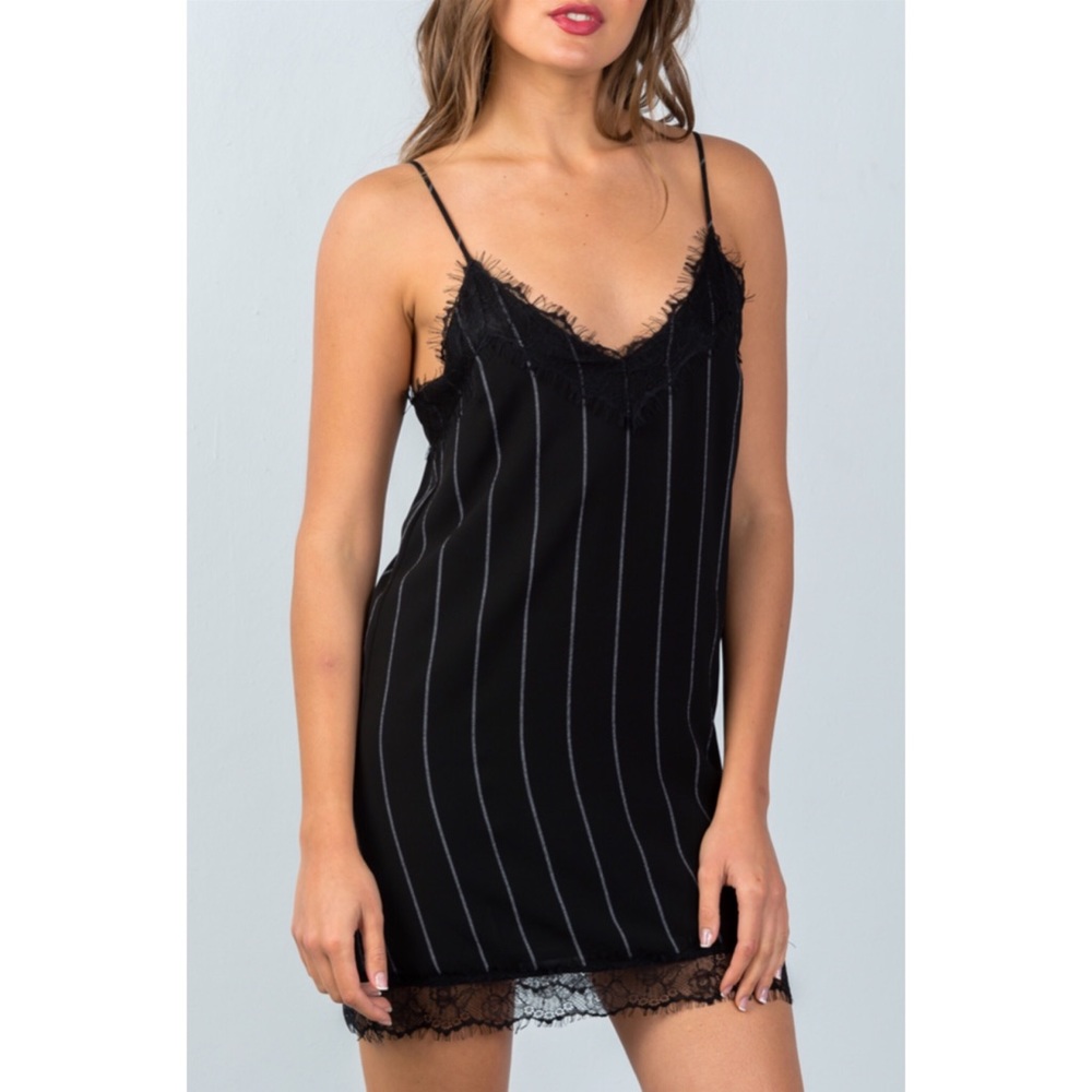 Black pinstripe lace trim slip mini dress